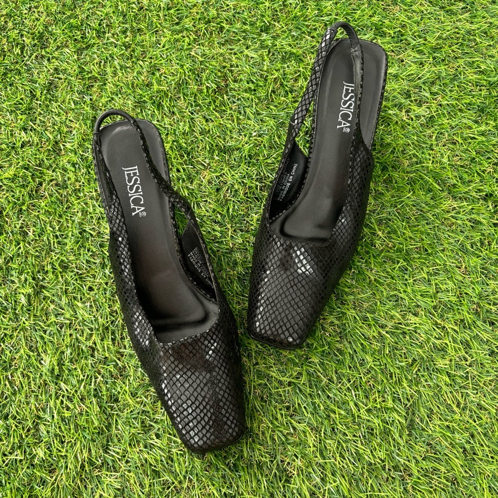 Jessica Size 7 Black Sparkly Leather Slingback 3 Inch Kitten Heels